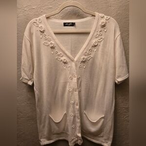 Romantic Cream Floral Embroidered Knit Cardigan – XL